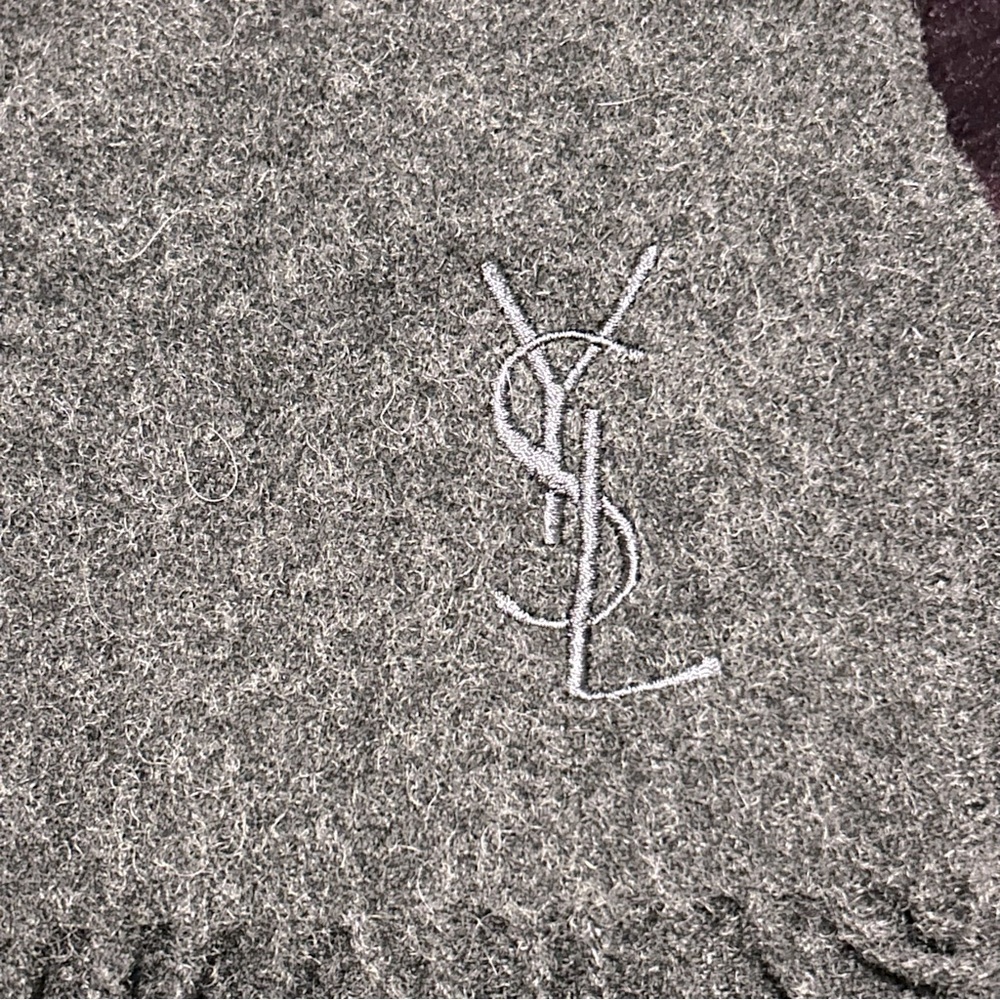 YSL Yves Saint Laurent Grey 90% Wool 10% Cashmere Logo Fringe Scarf